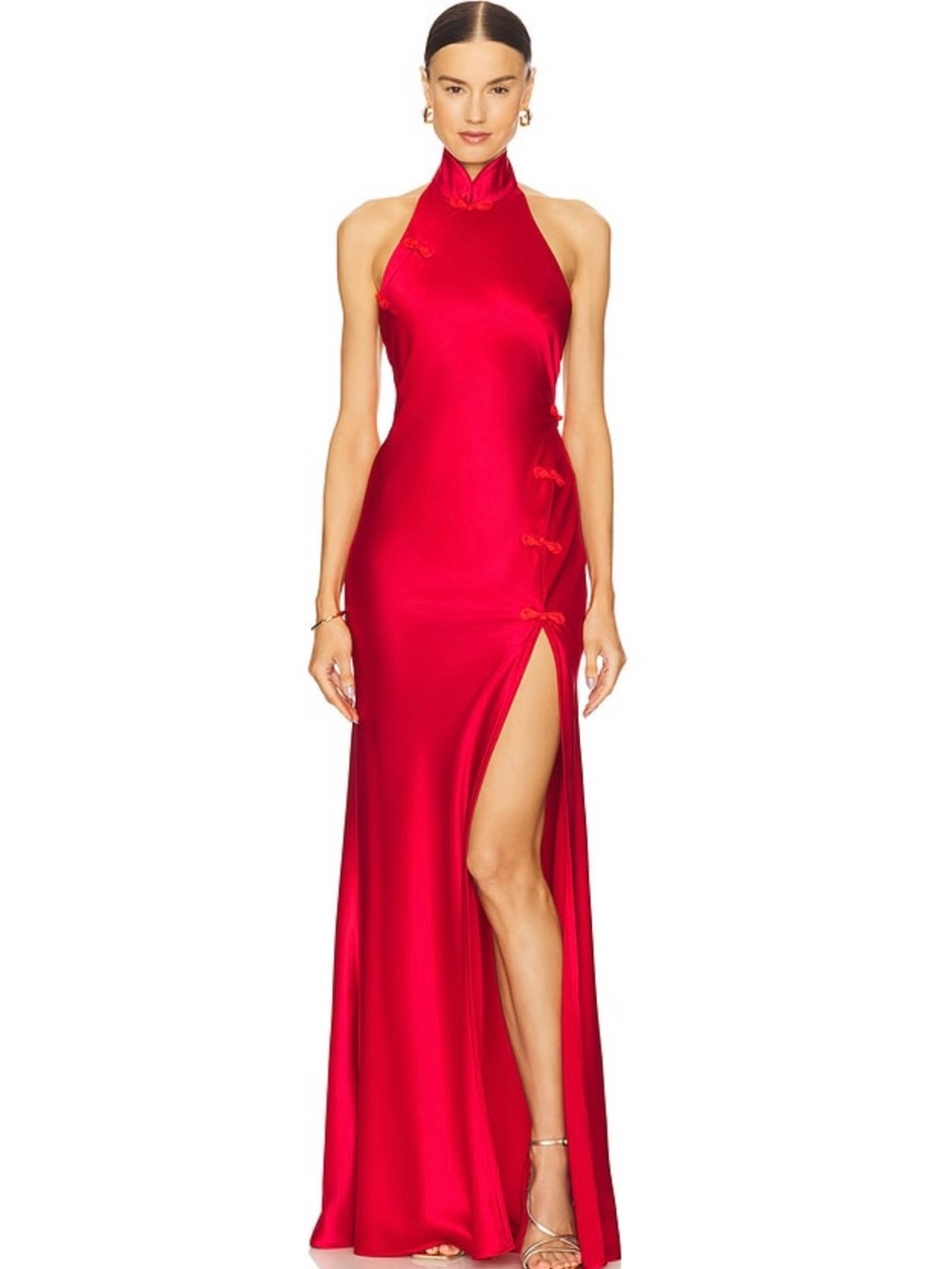 Red Satin Halter Maxi Dress with Side Slit